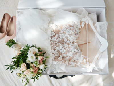 Wedding Dress, Bouquet and shoes all packed together in a white preservation box.