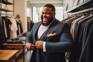 Plus size african man trying on suit for wedding. Happy groom excited smile for wedding, happiness and marriage.