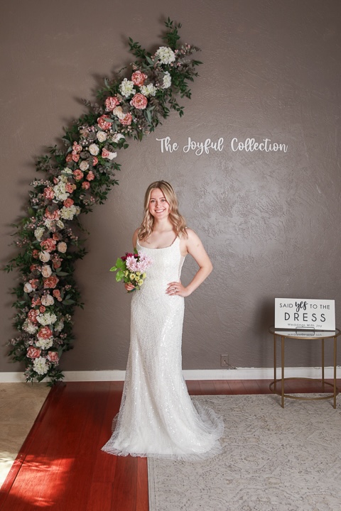 Fitted wedding dress with beaded sparkle. Weddings with Joy. 