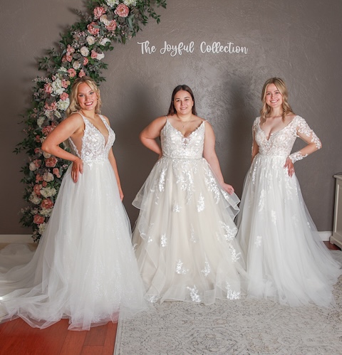 three brides in lace detailed wedding dresses, romantic & feminine bridal style. Weddings with Joy. 