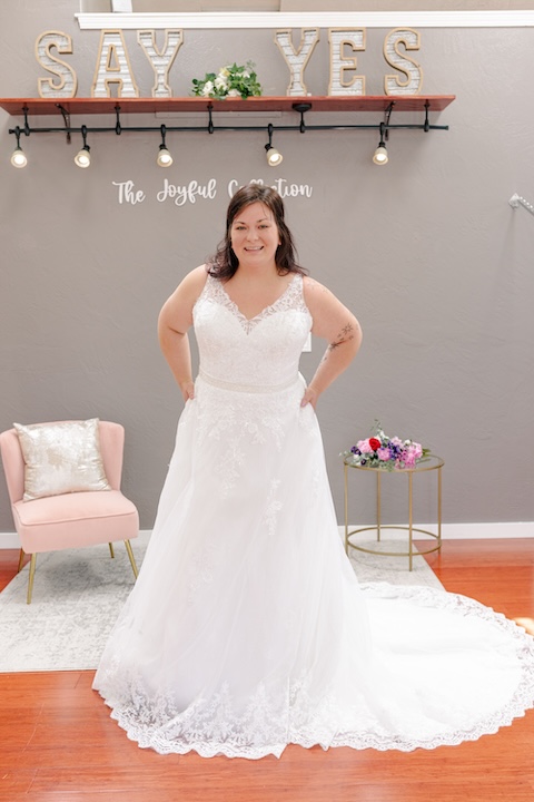 A-line lace wedding dress with straps, plus size bridal fashion. Weddings with Joy. 