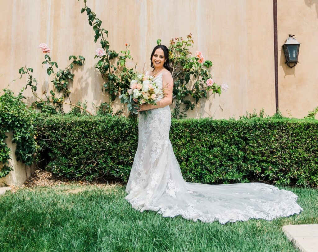 bridal portrait, open back lace wedding dress with straps long train, weddings with joy