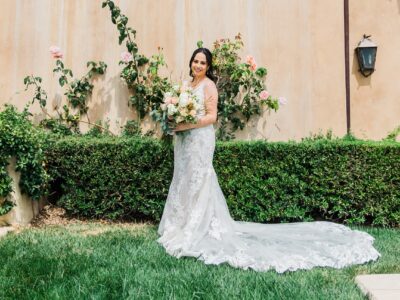 bridal portrait, open back lace wedding dress with straps long train, weddings with joy